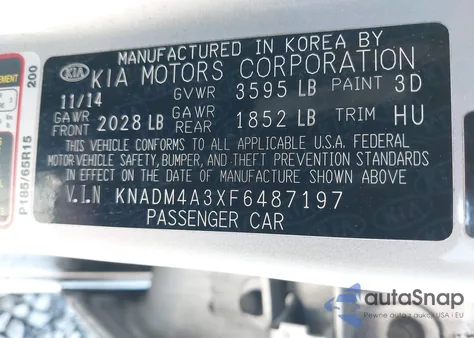 2015 Kia Rio Lx from USA, damaged, VIN KNADM4A3XF6487197